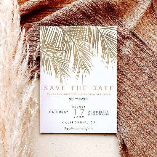 Moderne goudpalmboom, elegant, bespaart de datum save the date