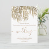 Moderne goudpalmboom elegant script bruiloft kaart (Staand voorkant)