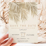 Moderne goudpalmboom ivoor, behalve de datum save the date<br><div class="desc">Moderne,  simpele faux gouden palmboom met eenvoudige typografie,  een trendy en tropisch sparen het date trouwthema op palmboomblad met ivoor van wit.</div>