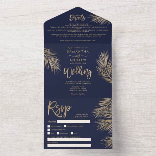Moderne goudpalmboom tropische marineblauwe bruilo all in one uitnodiging (Binnen)