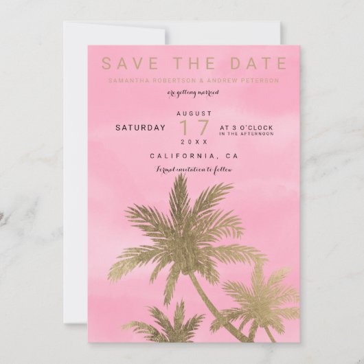 Moderne goudpalmen roze chic save the date (Voorkant)