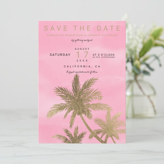 Moderne goudpalmen roze chic save the date (Staand voorkant)