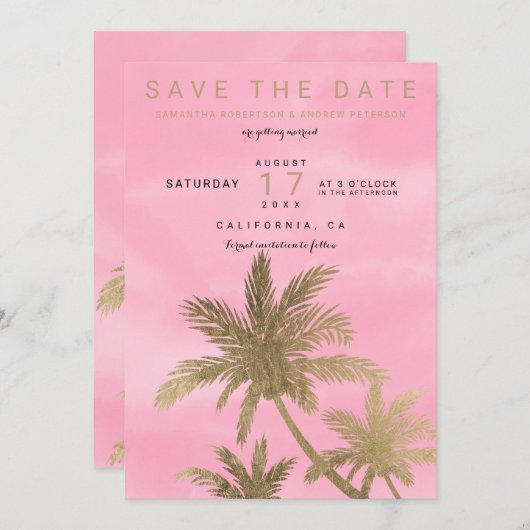 Moderne goudpalmen roze chic save the date (Voorkant / Achterkant)