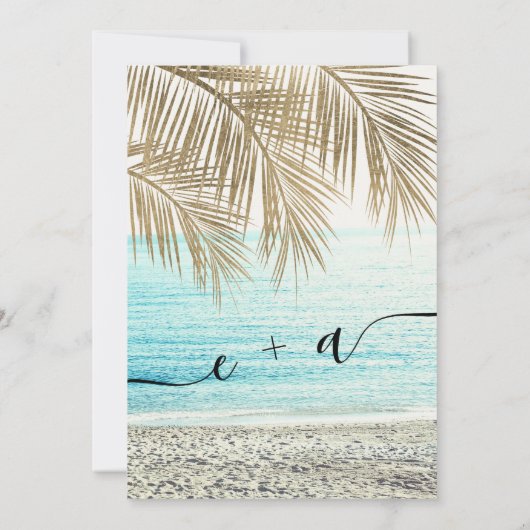 Moderne goudpalmstrandscriptbruiloft kaart (Achterkant)