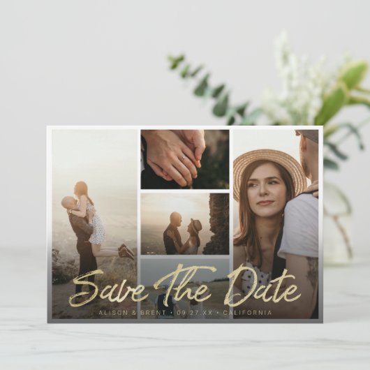 Moderne goudpenseel Manuscript Typografie met Afbe Save The Date (Staand voorkant)