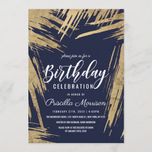 Moderne goudpenseelstreken Navy Blue Chic Birthday Kaart