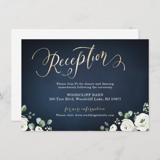 Moderne goudscriptnavy witte florale ontvangst informatiekaartje (Voorkant / Achterkant)