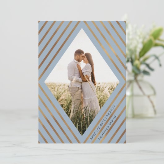 Moderne goudstapes Diamond Lijst Foto bruiloft Save The Date (Staand voorkant)