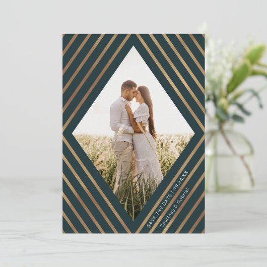 Moderne goudstapes Diamond Lijst Foto bruiloft Save The Date (Staand voorkant)