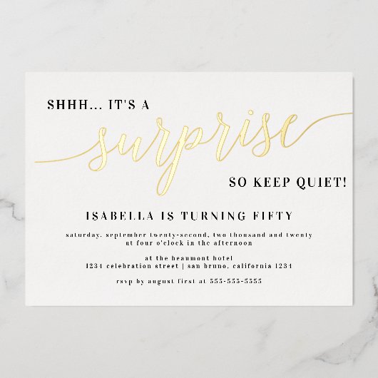 Moderne goudstijl script verrassende feestdag folie uitnodiging (Voorkant)