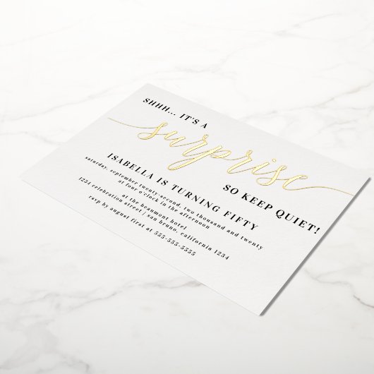 Moderne goudstijl script verrassende feestdag folie uitnodiging (Gedraaid)