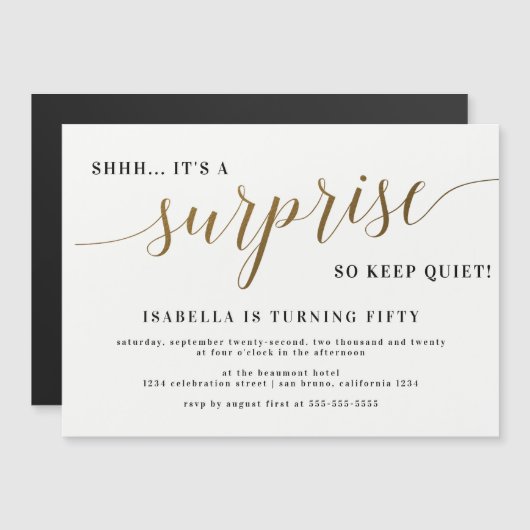 Moderne goudstijl script verrassende feestdag magnetische uitnodiging (Voorkant / Achterkant)