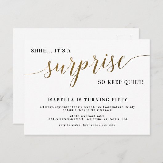 Moderne goudstijl script verrassende feestdag uitnodiging briefkaart (Voorkant / Achterkant)