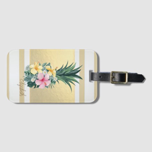 Moderne goudstrepen, ananas, bloemen bagagelabel (Voorkant (horizontaal))