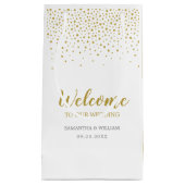 Moderne goudweddenschap met gouden Confetti Welkom Klein Cadeauzakje (Voorkant)