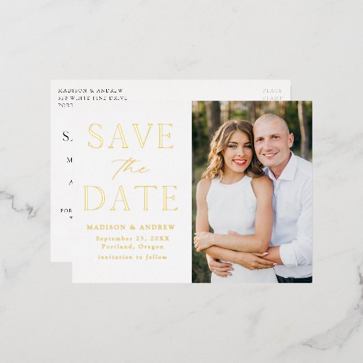 Moderne goudweddenschap sparen de Datum Folie Uitnodiging Briefkaart (Voorkant / Achterkant)