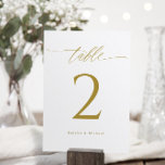 Moderne goudweddenschappen met dubbele tafel<br><div class="desc">Elegant & Modern 5x7 Gold dubbelzijdige weddenschappen - Deze elegante trouwlijstnummers zijn voorzien van een romantisch gouden kalligrafische script. Verander uw namen en voeg individueel aan uw kar toe.</div>