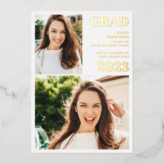 Moderne goudwitte 3 foto's afstuderen folie uitnodiging (Voorkant)
