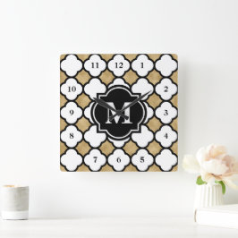 Moderne goudwitte geometrische Quatrefolie gemonog Vierkante Klok