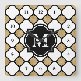 Moderne goudwitte geometrische Quatrefolie gemonog Vierkante Klok