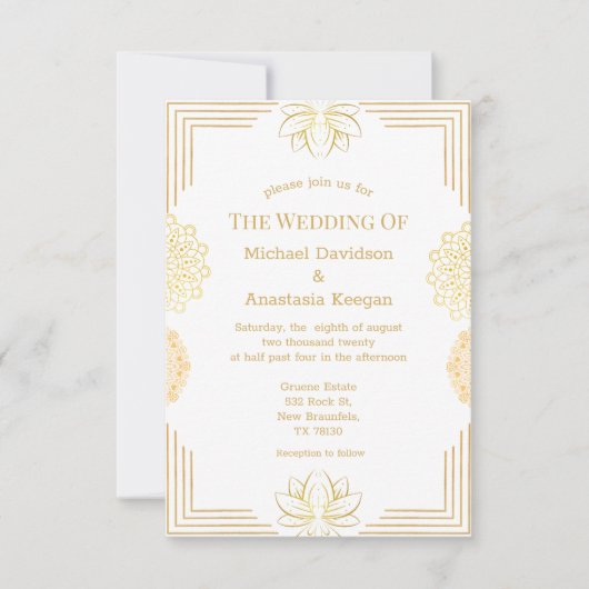 moderne goudwitte indiase geometrische bruiloft kaart (Voorkant)