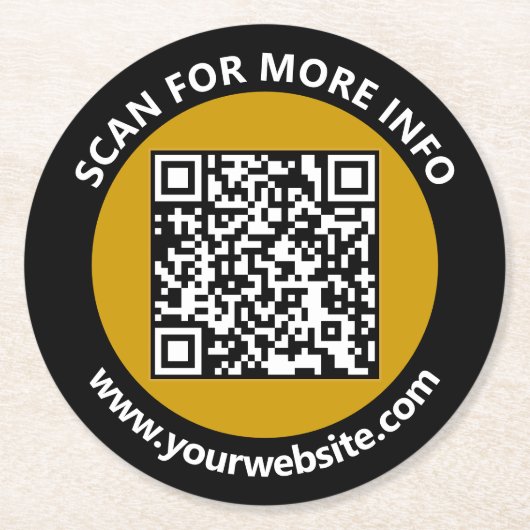 Moderne goudzwarte QR-code - Aangepaste wittekst Ronde Kartonnen Onderzetter (Voorkant)