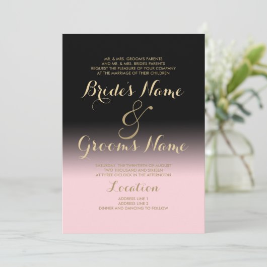 Moderne gradiënt zwart zwart roze goud bruiloft kaart (Staand voorkant)