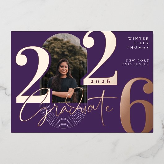 Moderne Graduate Script 2025 Concentrische Boog Fo Folie Uitnodiging (Voorkant)