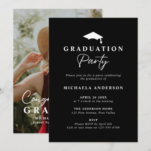 Moderne Graduation Party Handgeschreven Script Fot Kaart (Voorkant / Achterkant)