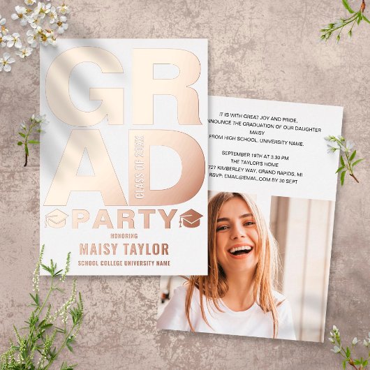 Moderne Graduation Party Photo Roos Gold Folie Uitnodiging