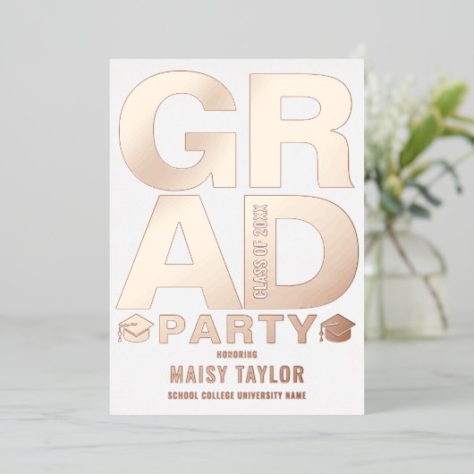 Moderne Graduation Party Photo Roos Gold Folie Uitnodiging (Staand Voorkant)