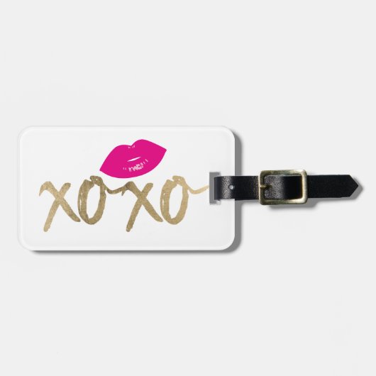 Moderne grafische Gold XOXO Hot Pink Lips Bagagelabel (Voorkant horizontaal)