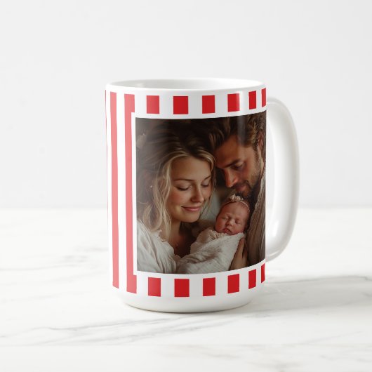 Moderne grafische minimale kerst rode witte foto koffiemok (Voorkant rechts)