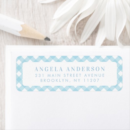 Moderne grafische pasteel licht blauw gingham spel etiket (Insitu)