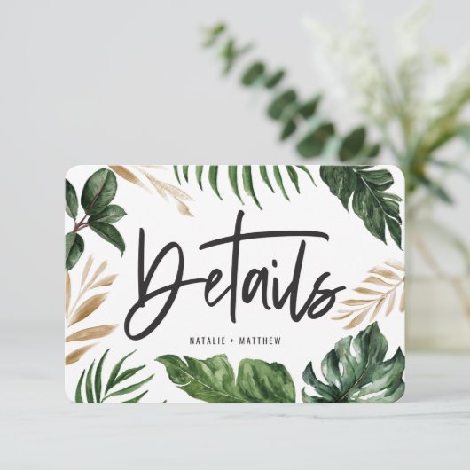 Moderne grafische script tekst bruiloft details RSVP kaartje (Staand voorkant)