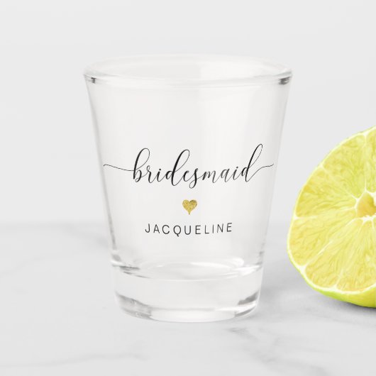 Moderne grafische scriptnaam Bridesmaid Gold Heart Shot Glas (Voorkant)
