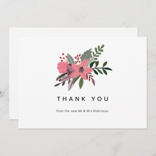 Moderne grandeur pruim en roze bloemen bedankkaart (Voorkant / Achterkant)