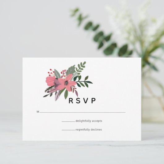 Moderne grandeur pruim en roze bloemenbruiloft RSVP kaartje (Staand voorkant)
