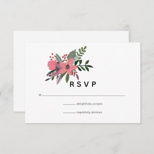Moderne grandeur pruim en roze bloemenbruiloft RSVP kaartje (Voorkant / Achterkant)