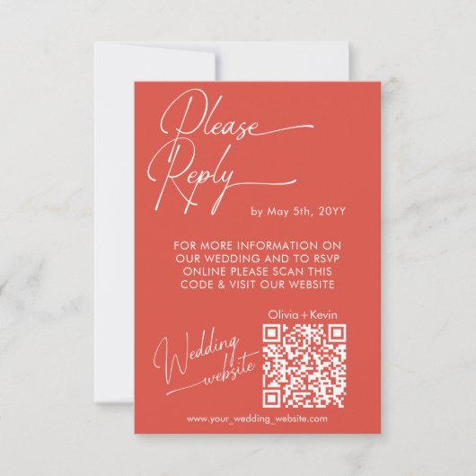 Moderne grapefruit rood Aanwezigheid QR code websi RSVP Kaartje (Voorkant)