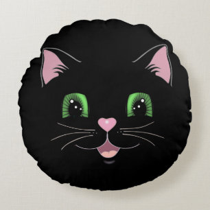 Moderne grappige cute zwarte kat gezicht cartoon rond kussen