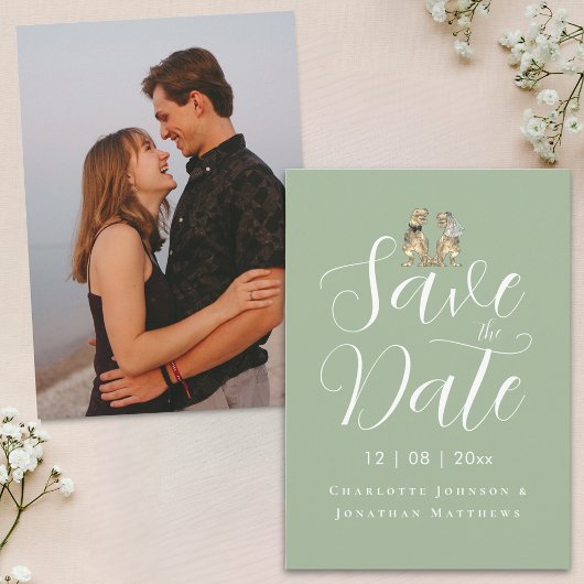 Moderne Grappige Dinosaurus Bruiloft Foto Save The Date