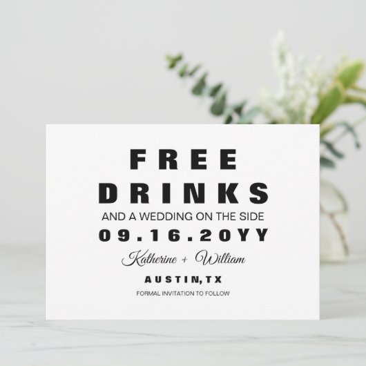 Moderne Grappige Foto Gratis Drinken Save the Date (Staand voorkant)