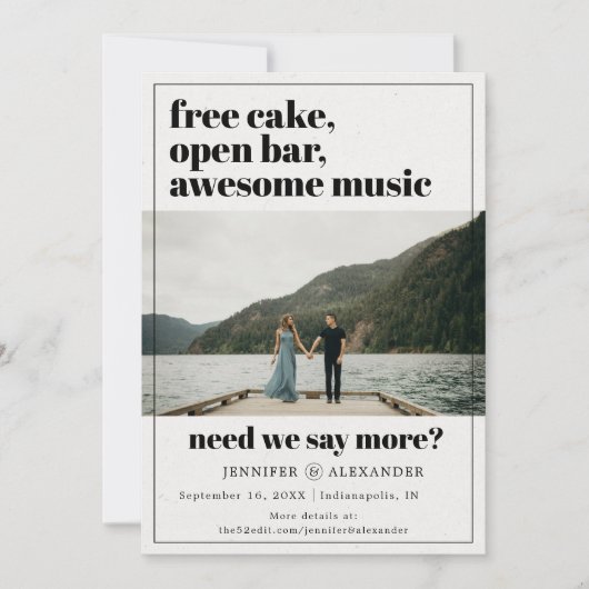 Moderne Grappige Gratis Cake Open Bar Quote Foto Save The Date (Voorkant)