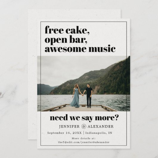 Moderne Grappige Gratis Cake Open Bar Quote Foto Save The Date (Voorkant / Achterkant)