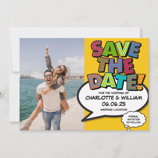 Moderne grappige stripboek foto save the date kaar (Voorkant)