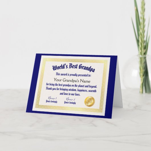 Moderne Grappige Wereld Beste Opa Certificaat Kaart (Voorkant)