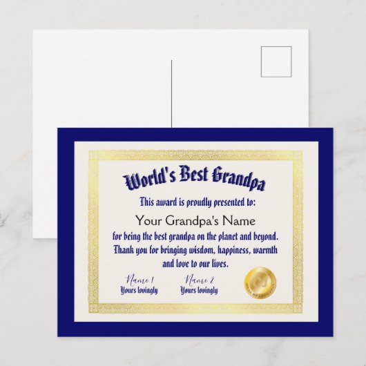 Moderne Grappige Wereld's Beste Opa Certificaat Briefkaart (Voorkant / Achterkant)