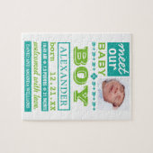 Moderne Green Baby Boy Foto geboorteaankondiging Legpuzzel (Horizontaal)
