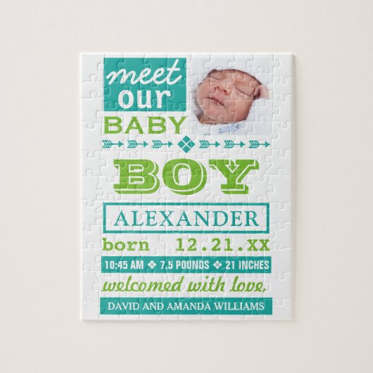 Moderne Green Baby Boy Foto geboorteaankondiging Legpuzzel (Verticaal)